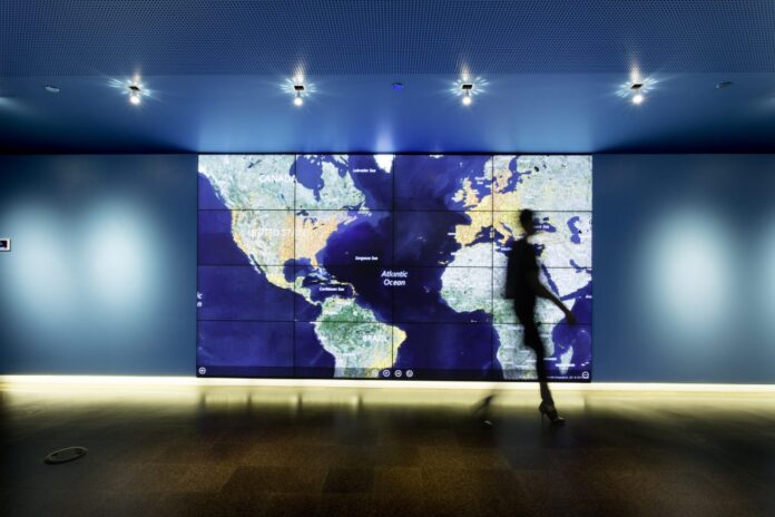 A world map inside Microsoft's Threat Intelligence Center